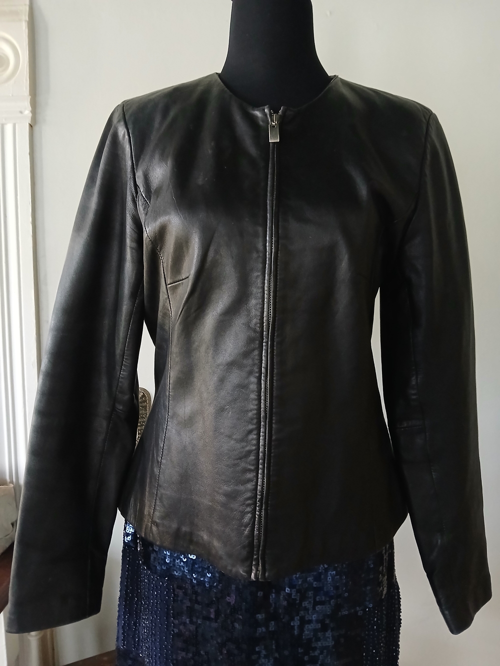 Bagatelle Black 100% Leather Zip-Front Jacket Satin Lining